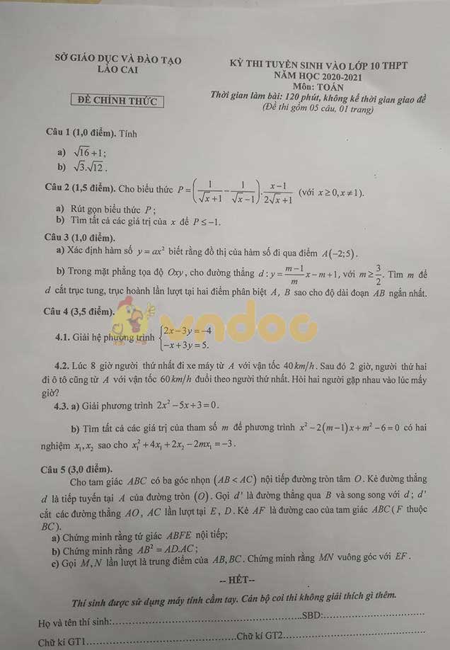 Đáp án đề thi tuyển sinh lớp 10 môn Toán tỉnh Lào Cai năm 2020