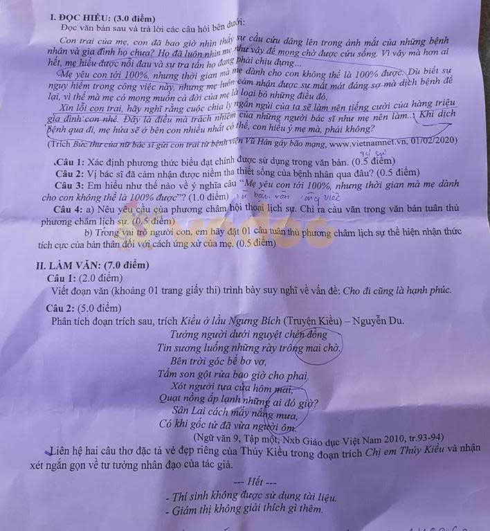 Đáp án đề thi tuyển sinh lớp 10 môn Văn tỉnh Vĩnh Long năm 2020