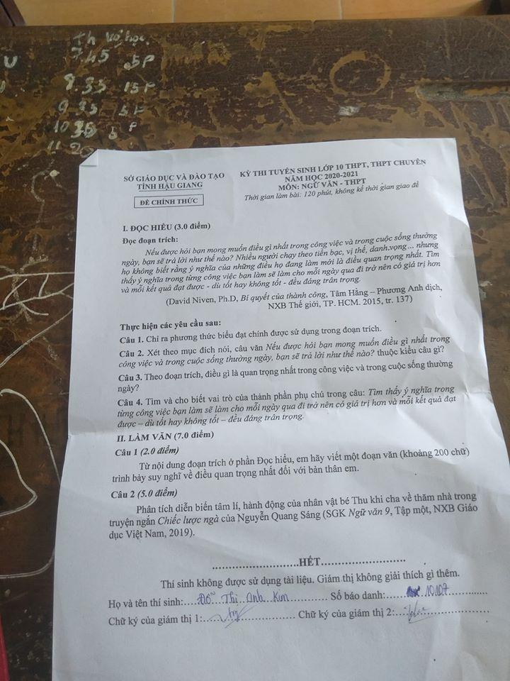 Đề thi tuyển sinh lớp 10 môn Văn tỉnh Hậu Giang năm 2020