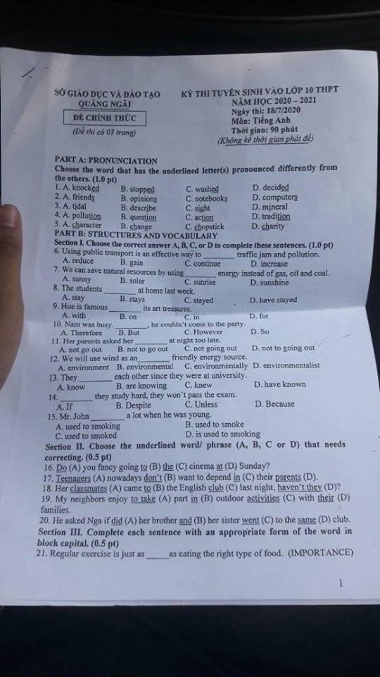 Đáp án Đề thi tuyển sinh lớp 10 môn Anh Quảng Ngãi năm 2020