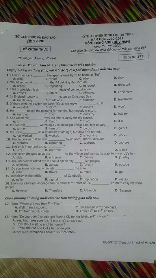 Đáp án Đề thi tuyển sinh lớp 10 môn Anh Vĩnh Long năm 2020