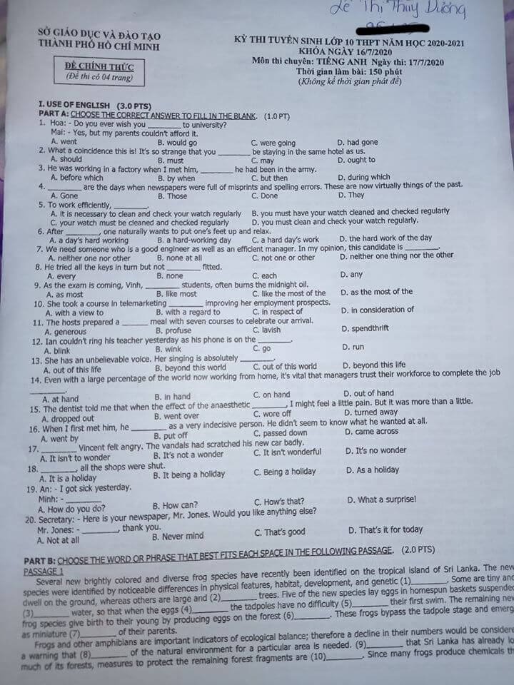 Đáp án đề thi tuyển sinh lớp 10 môn Anh Chuyên TP Hồ Chí Minh năm 2020