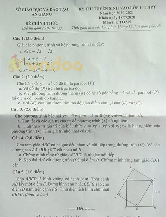 Đáp án đề thi tuyển sinh lớp 10 môn Toán tỉnh An Giang năm 2020