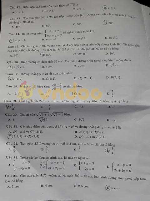 Đáp án đề thi tuyển sinh lớp 10 môn Toán tỉnh Bắc Ninh năm 2020