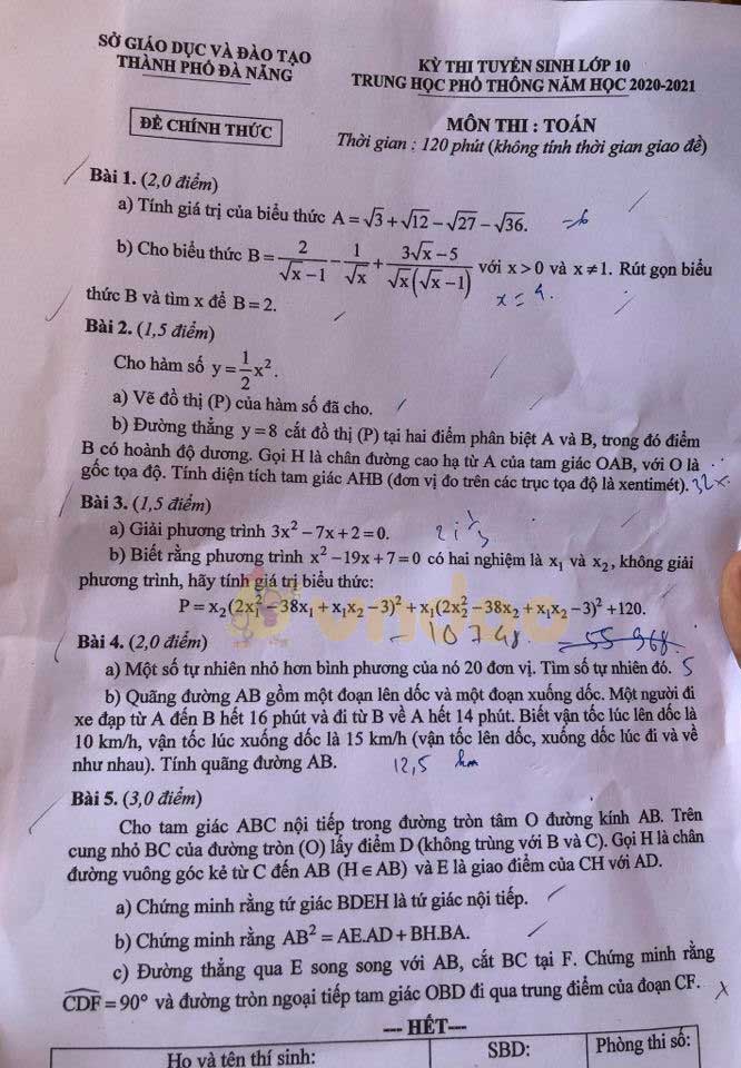 Đáp án đề thi tuyển sinh lớp 10 môn Toán tỉnh Đà Nẵng năm 2020