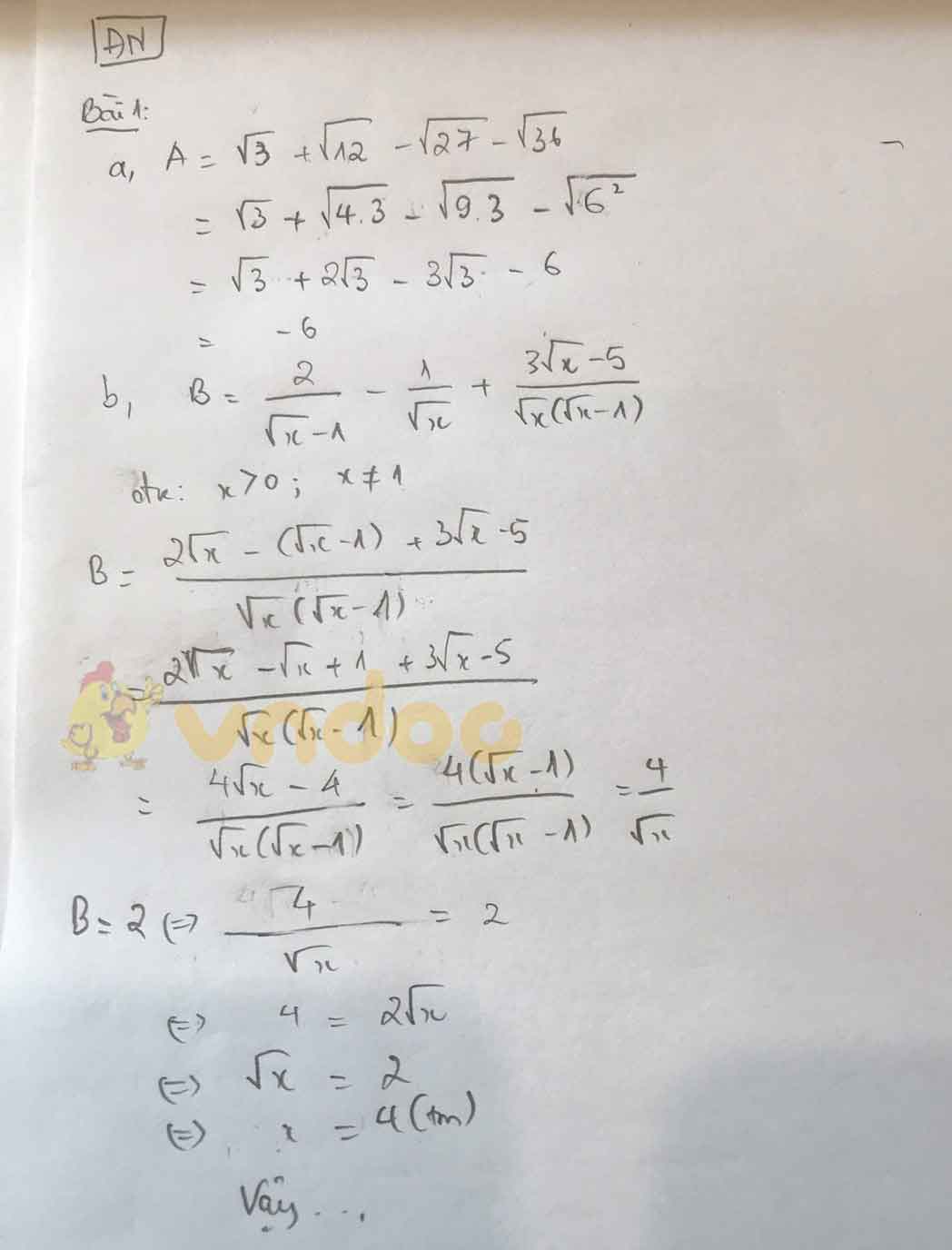 Đáp án đề thi tuyển sinh lớp 10 môn Toán tỉnh Đà Nẵng năm 2020
