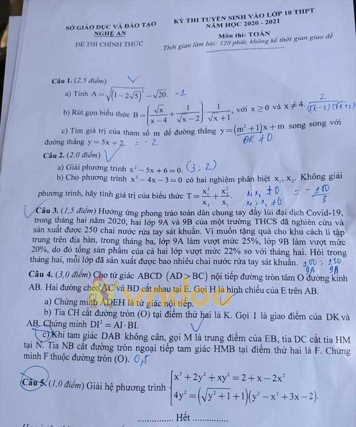 Đáp án đề thi tuyển sinh lớp 10 môn Toán tỉnh Nghệ An năm 2020
