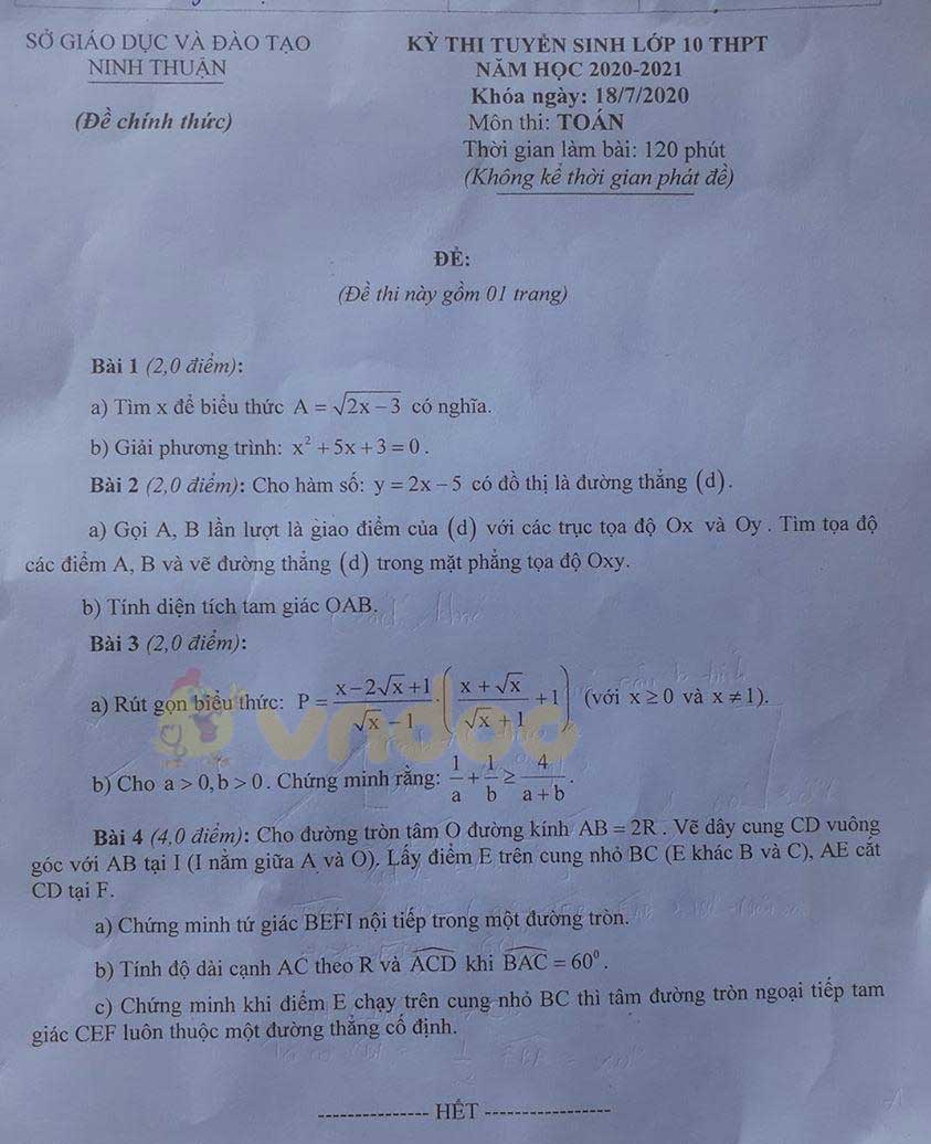 Đáp án đề thi tuyển sinh lớp 10 môn Toán tỉnh Ninh Thuận năm 2020