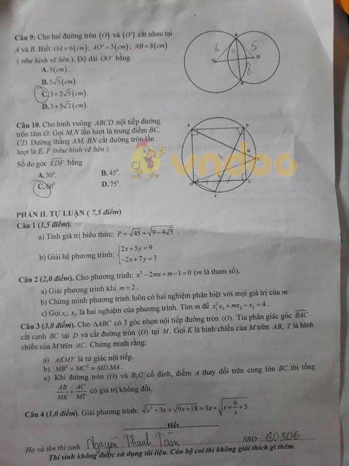 Đáp án đề thi tuyển sinh lớp 10 môn Toán tỉnh Phú Thọ năm 2020