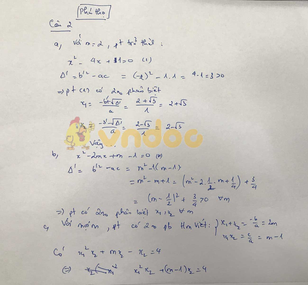 Đáp án đề thi tuyển sinh lớp 10 môn Toán tỉnh Phú Thọ năm 2020