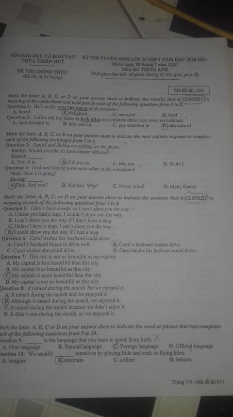 Đáp án Đề thi tuyển sinh lớp 10 môn Anh Thừa Thiên Huế năm 2020