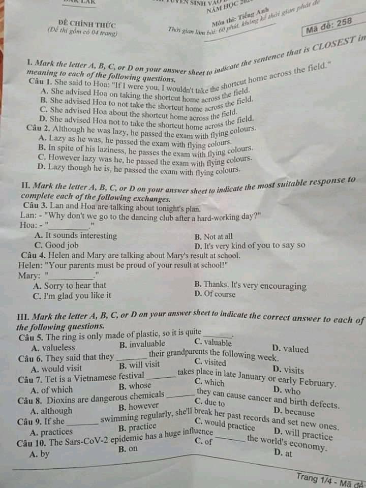 Đáp án Đề thi tuyển sinh lớp 10 môn Anh Đắk Lắk năm 2020