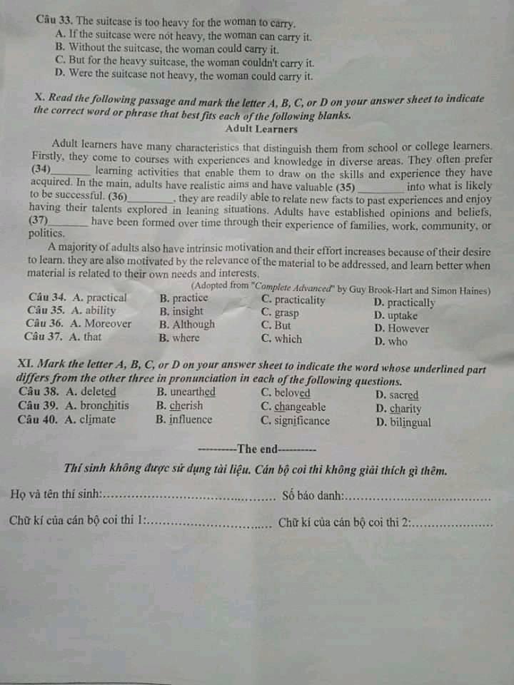Đáp án Đề thi tuyển sinh lớp 10 môn Anh Đắk Lắk năm 2020