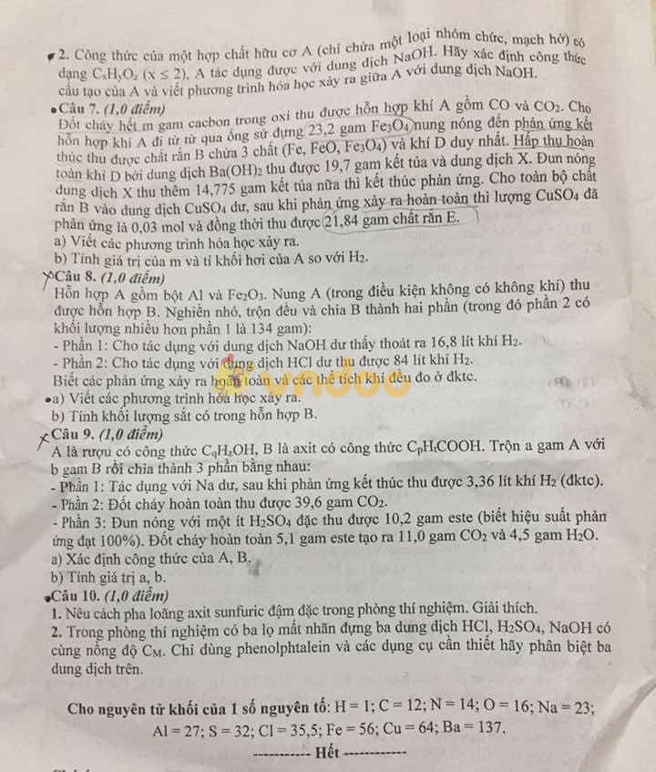 Đề thi tuyển sinh lớp 10 môn Hóa chuyên Lam Sơn Thanh Hóa
