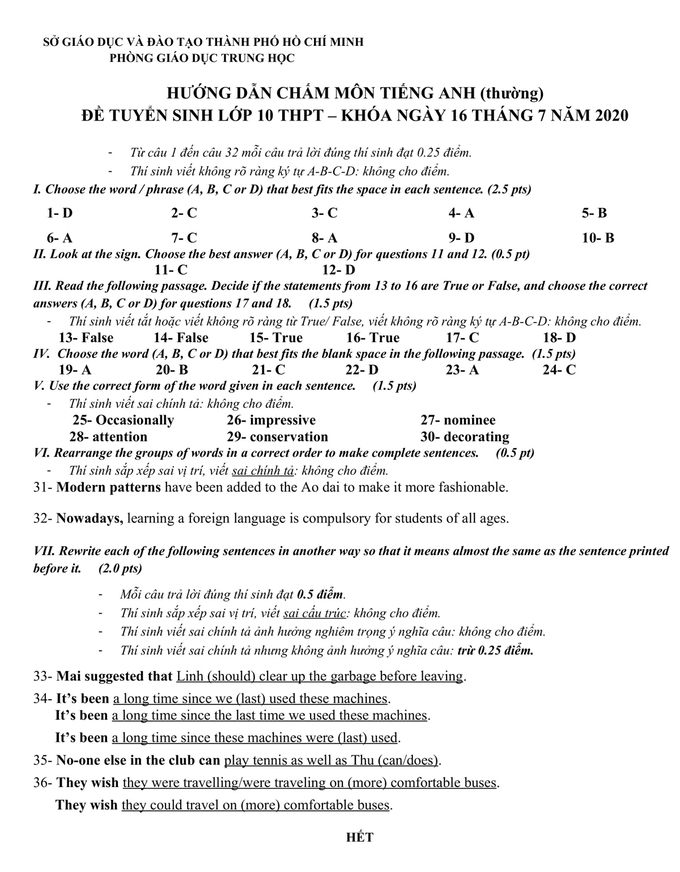 Đáp án đề thi tuyển sinh lớp 10 môn Anh TPHCM 2020