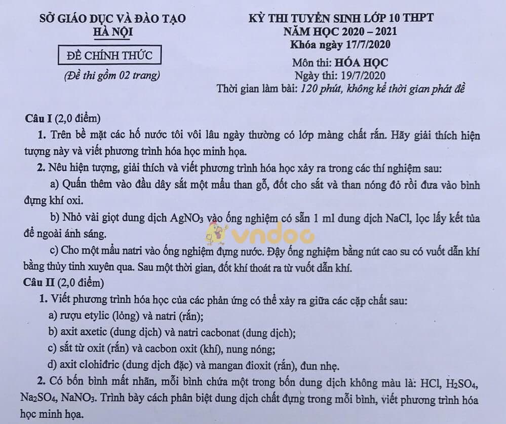 Đáp án đề thi tuyển sinh lớp 10 môn Hóa chuyên Hà Nội