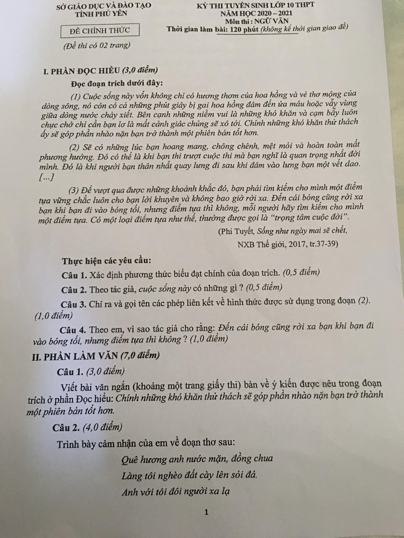 Đề thi vào lớp 10 môn Văn Phú Yên năm 2020