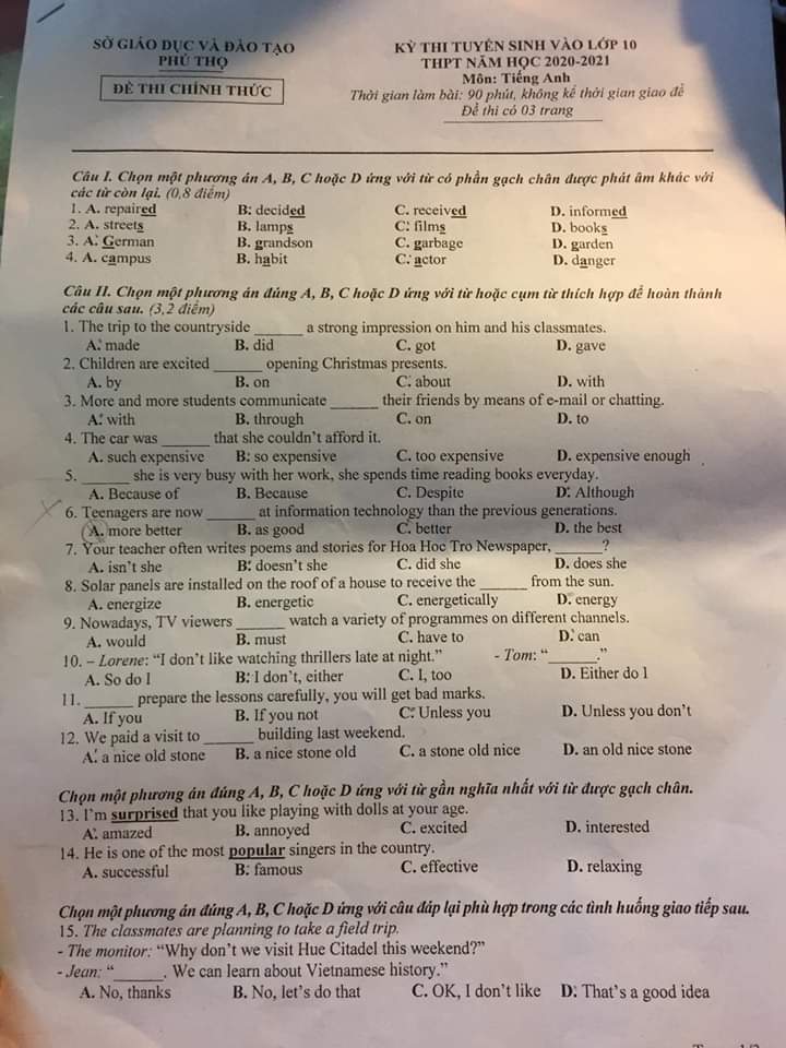 Đáp án Đề thi tuyển sinh lớp 10 môn Anh Phú Thọ năm 2020