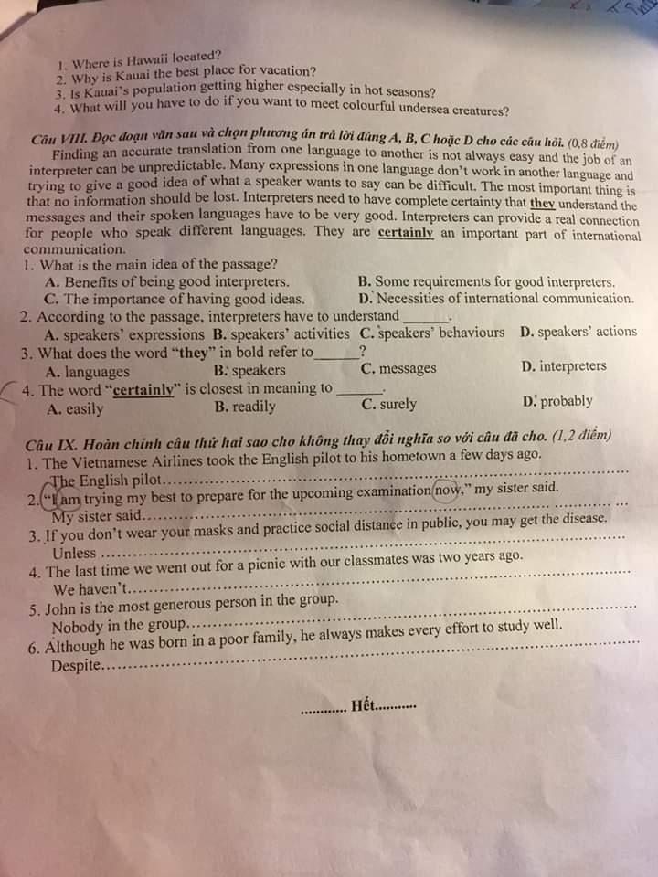 Đáp án Đề thi tuyển sinh lớp 10 môn Anh Phú Thọ năm 2020