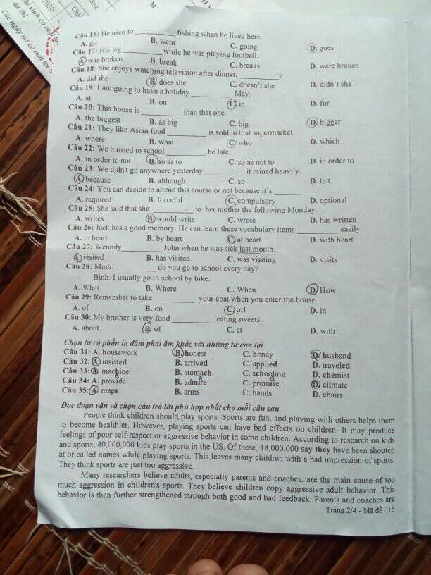 Đáp án Đề thi tuyển sinh lớp 10 môn Anh Đắk Lắk năm 2020