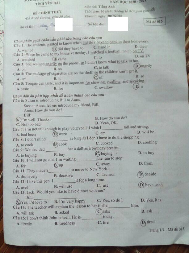 Đáp án Đề thi tuyển sinh lớp 10 môn Anh Đắk Lắk năm 2020