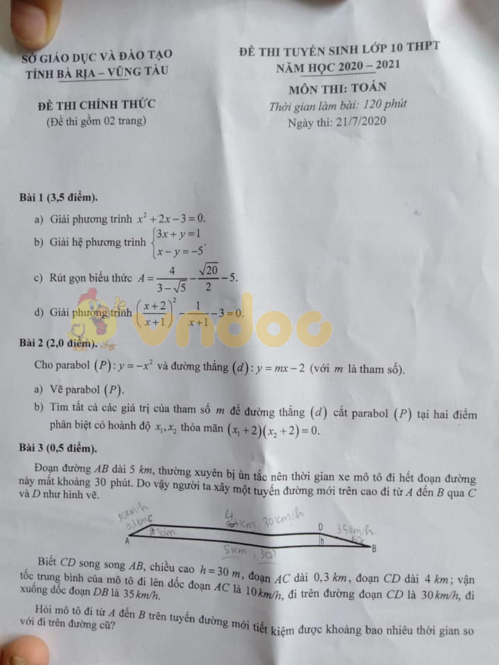 Đáp án đề thi tuyển sinh lớp 10 môn Toán tỉnh Bà Rịa - Vũng Tàu năm 2020
