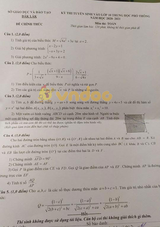 Đáp án đề thi tuyển sinh lớp 10 môn Toán tỉnh Đắk Lắk năm 2020