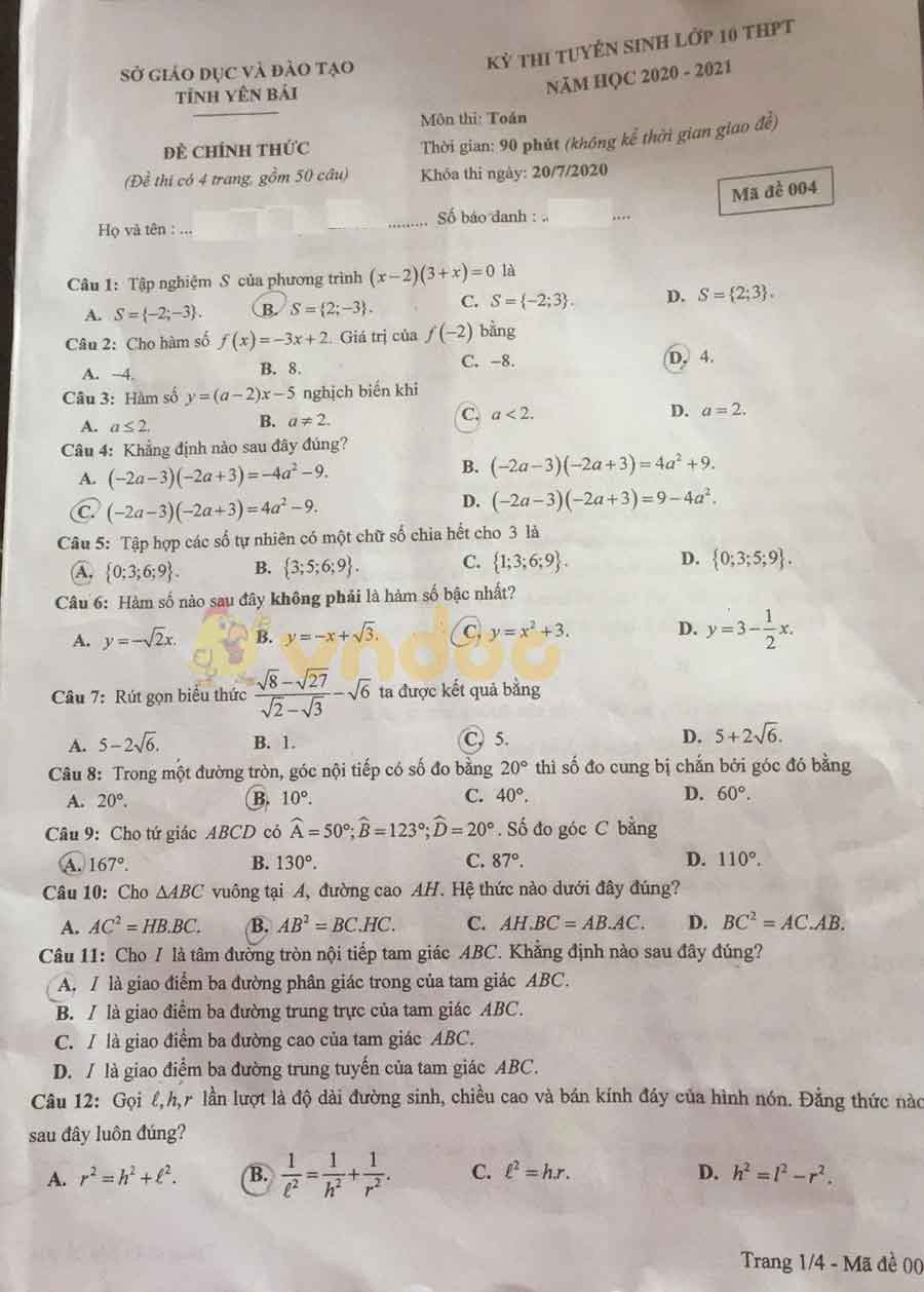 Đáp án đề thi tuyển sinh lớp 10 môn Toán tỉnh Yên Bái năm 2020