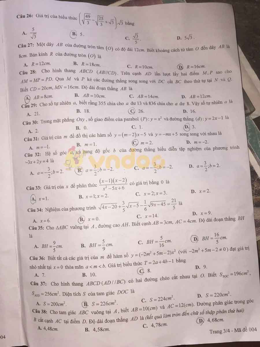 Đáp án đề thi tuyển sinh lớp 10 môn Toán tỉnh Yên Bái năm 2020