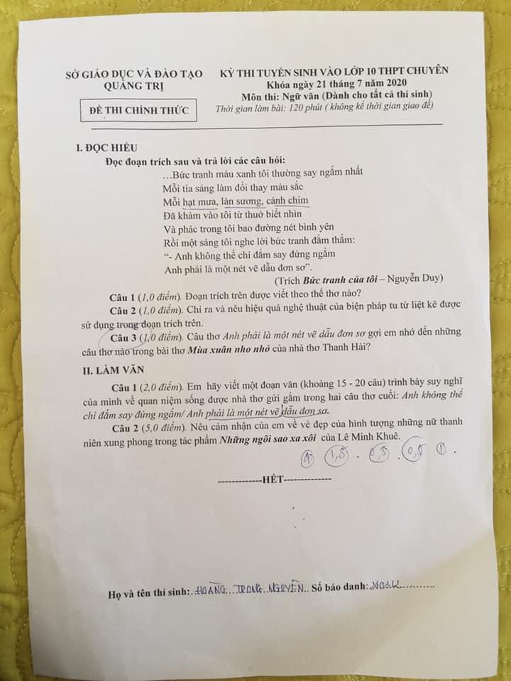 Đề thi tuyển sinh lớp 10 môn Văn tỉnh Quảng Trị năm 2020
