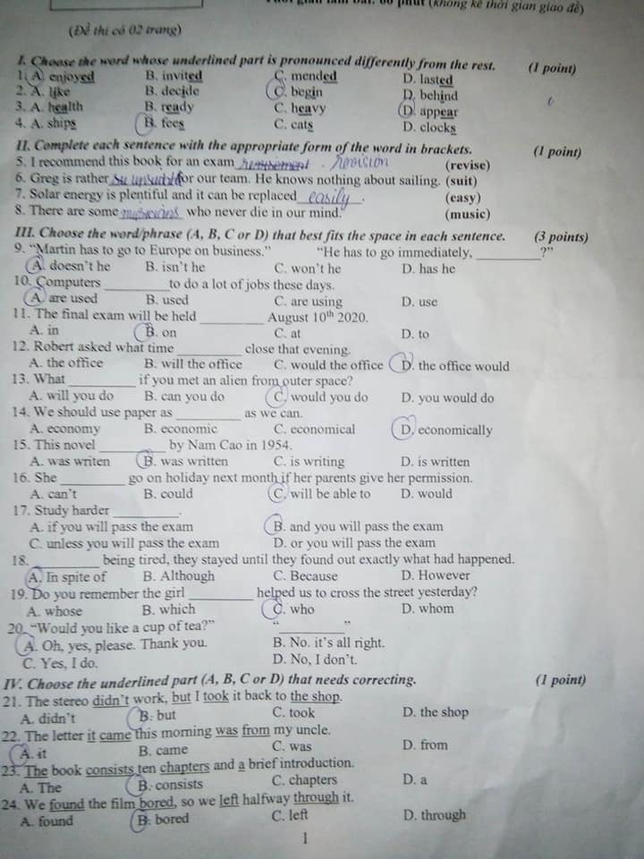 Đáp án Đề thi tuyển sinh lớp 10 môn Anh Phú Yên năm 2020