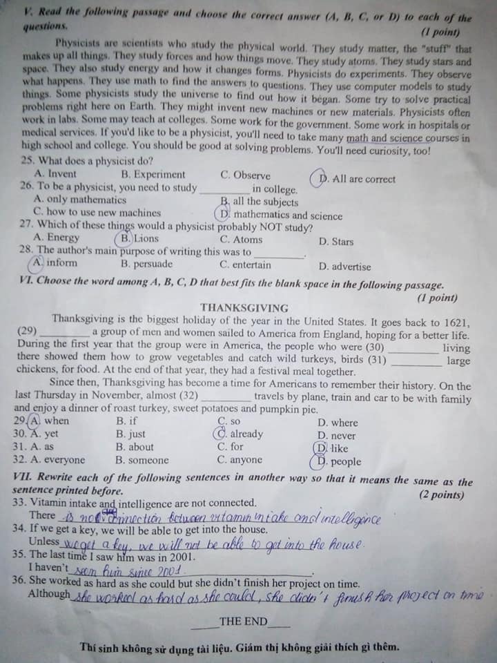 Đáp án Đề thi tuyển sinh lớp 10 môn Anh Phú Yên năm 2020