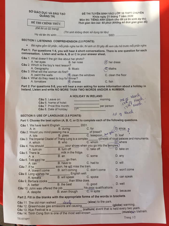 Đáp án Đề thi tuyển sinh lớp 10 môn Anh Quảng Trị năm 2020