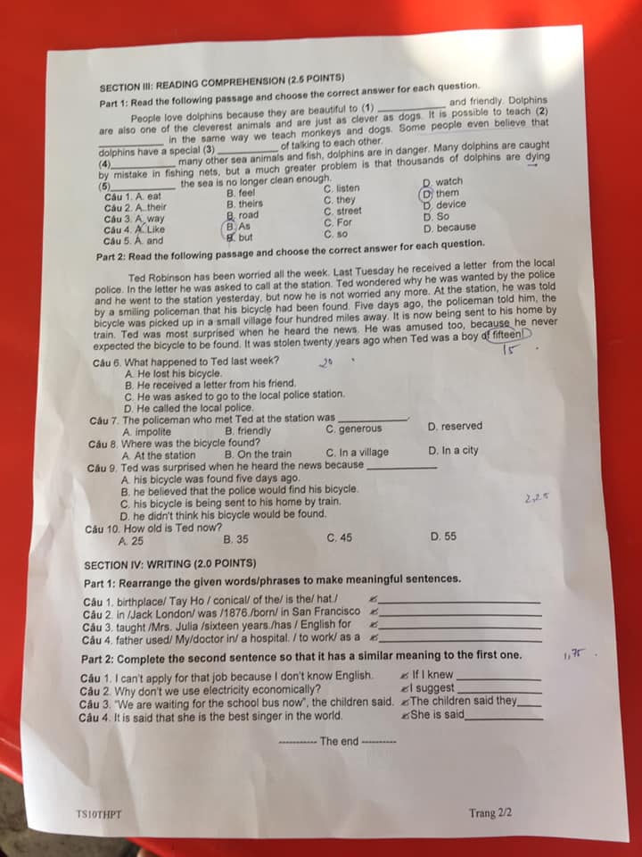 Đáp án Đề thi tuyển sinh lớp 10 môn Anh Quảng Trị năm 2020