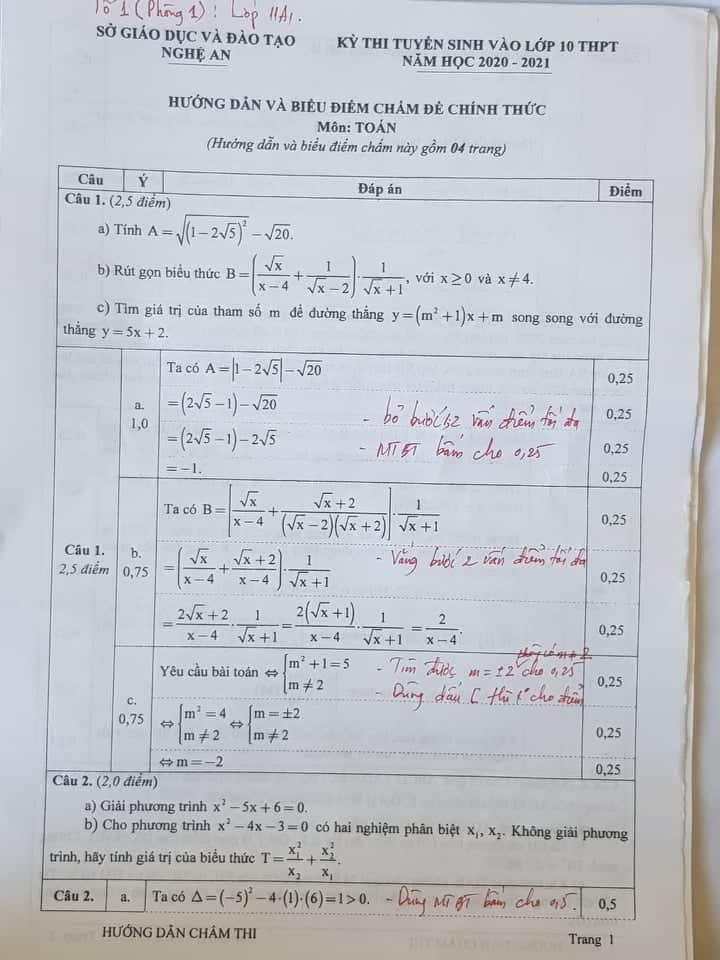 Đáp án đề thi tuyển sinh lớp 10 môn Toán tỉnh Nghệ An năm 2020