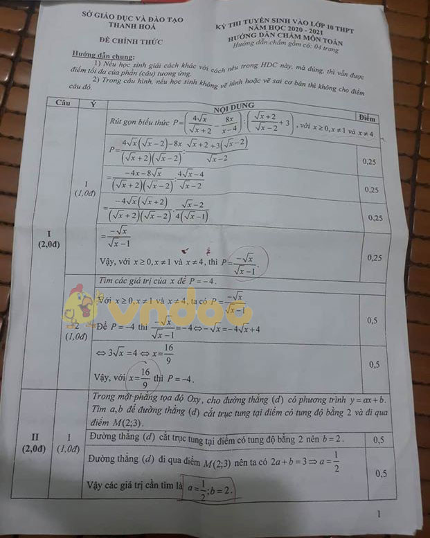 Đáp án đề thi tuyển sinh lớp 10 môn Toán tỉnh Thanh Hóa năm 2020