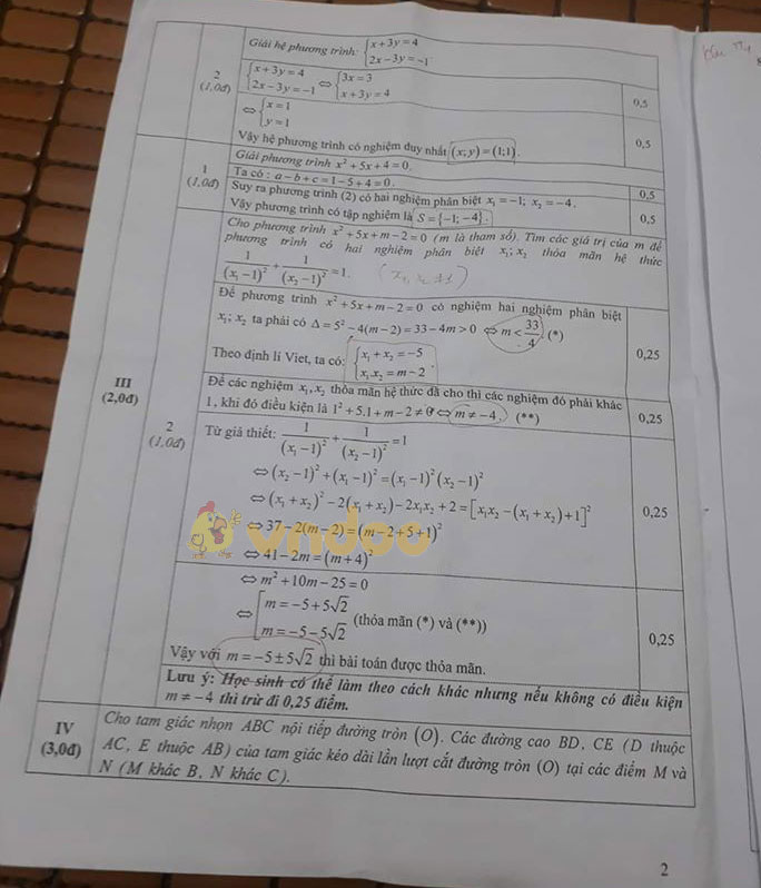 Đáp án đề thi tuyển sinh lớp 10 môn Toán tỉnh Thanh Hóa năm 2020