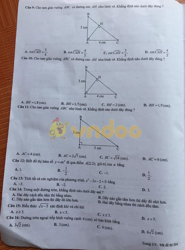 Đáp án đề thi tuyển sinh lớp 10 môn Toán tỉnh Tuyên Quang năm 2020