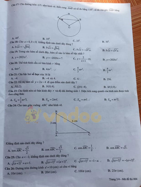 Đáp án đề thi tuyển sinh lớp 10 môn Toán tỉnh Tuyên Quang năm 2020