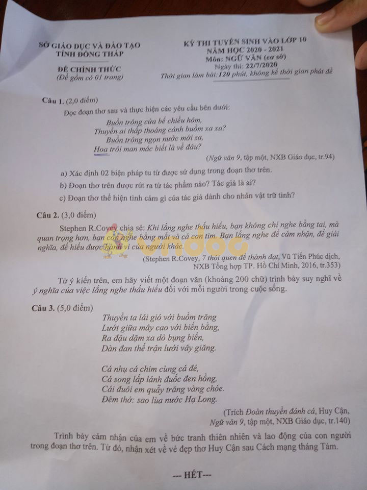 Đáp án đề thi tuyển sinh lớp 10 môn Văn tỉnh Đồng Tháp năm 2020