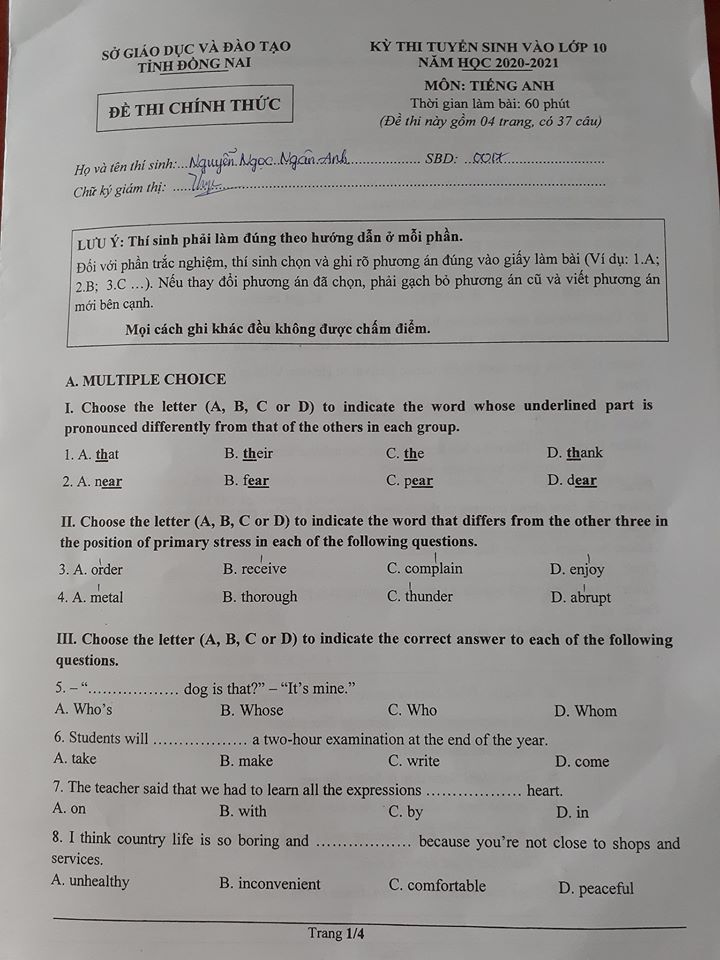 Đáp án Đề thi tuyển sinh lớp 10 môn Anh Đồng Nai năm 2020