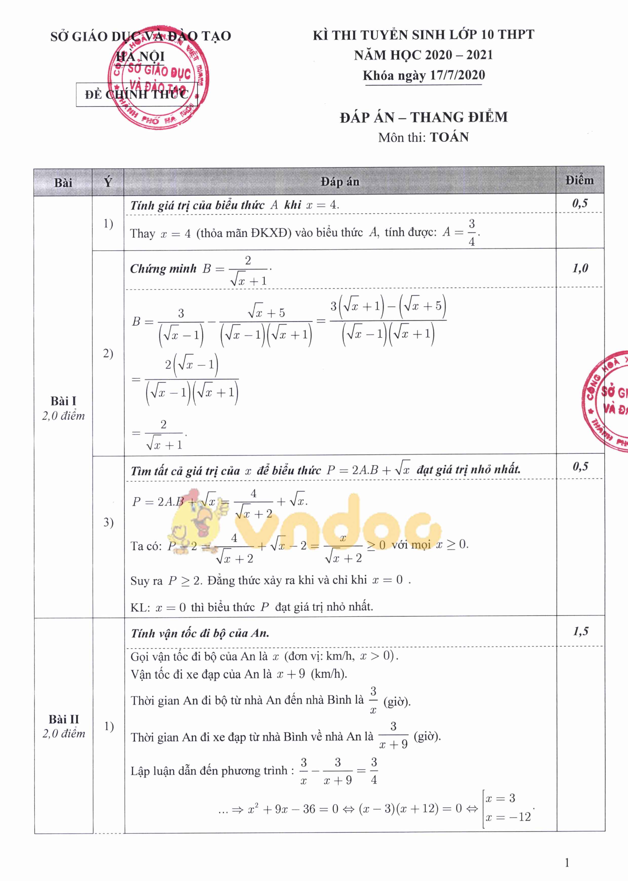 Đáp án đề thi tuyển sinh lớp 10 môn Toán Hà Nội năm 2020