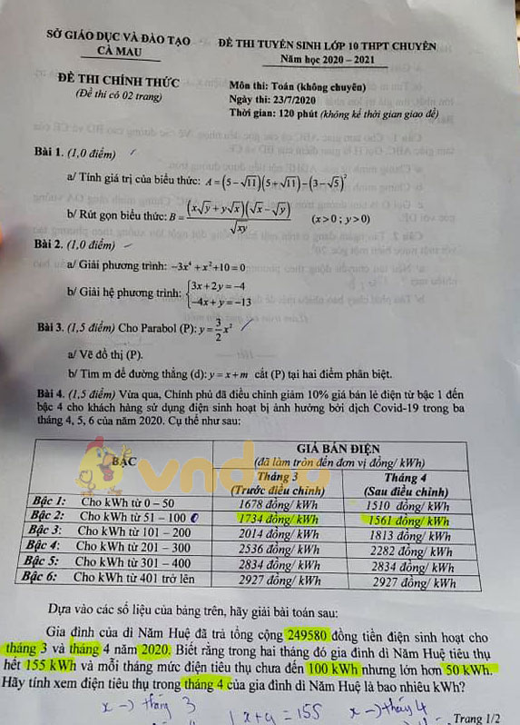 Đáp án đề thi tuyển sinh lớp 10 môn Toán tỉnh Cà Mau năm 2020