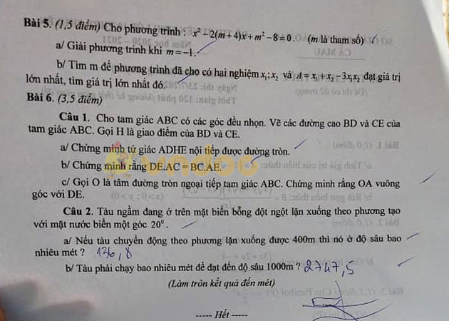 Đáp án đề thi tuyển sinh lớp 10 môn Toán tỉnh Cà Mau năm 2020