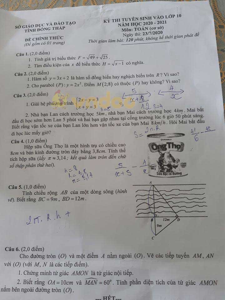 Đáp án đề thi tuyển sinh lớp 10 môn Toán tỉnh Đồng Tháp năm 2020