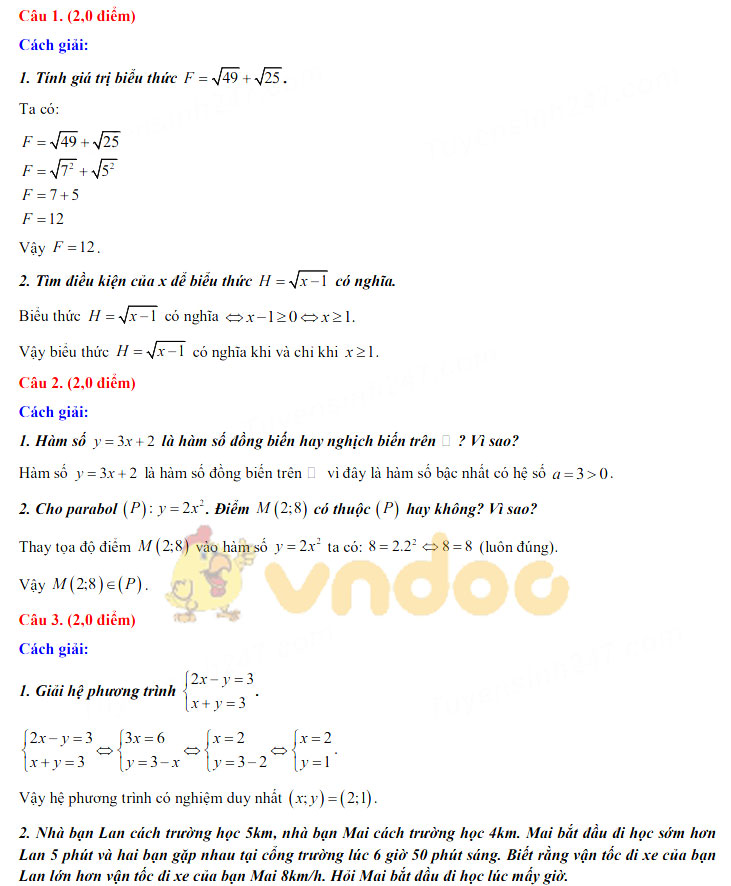 Đáp án đề thi tuyển sinh lớp 10 môn Toán tỉnh Đồng Tháp năm 2020
