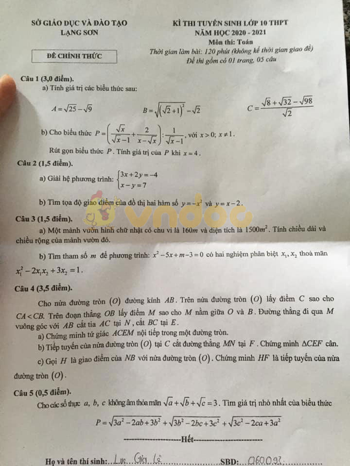 Đáp án đề thi tuyển sinh lớp 10 môn Toán tỉnh Lạng Sơn năm 2020