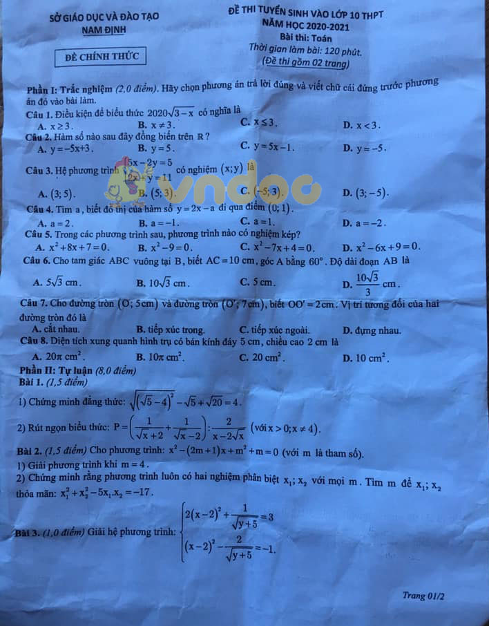 Đáp án đề thi tuyển sinh lớp 10 môn Toán tỉnh Nam Định năm 2020