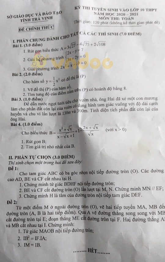 Đáp án đề thi tuyển sinh lớp 10 môn Toán tỉnh Trà Vinh năm 2020