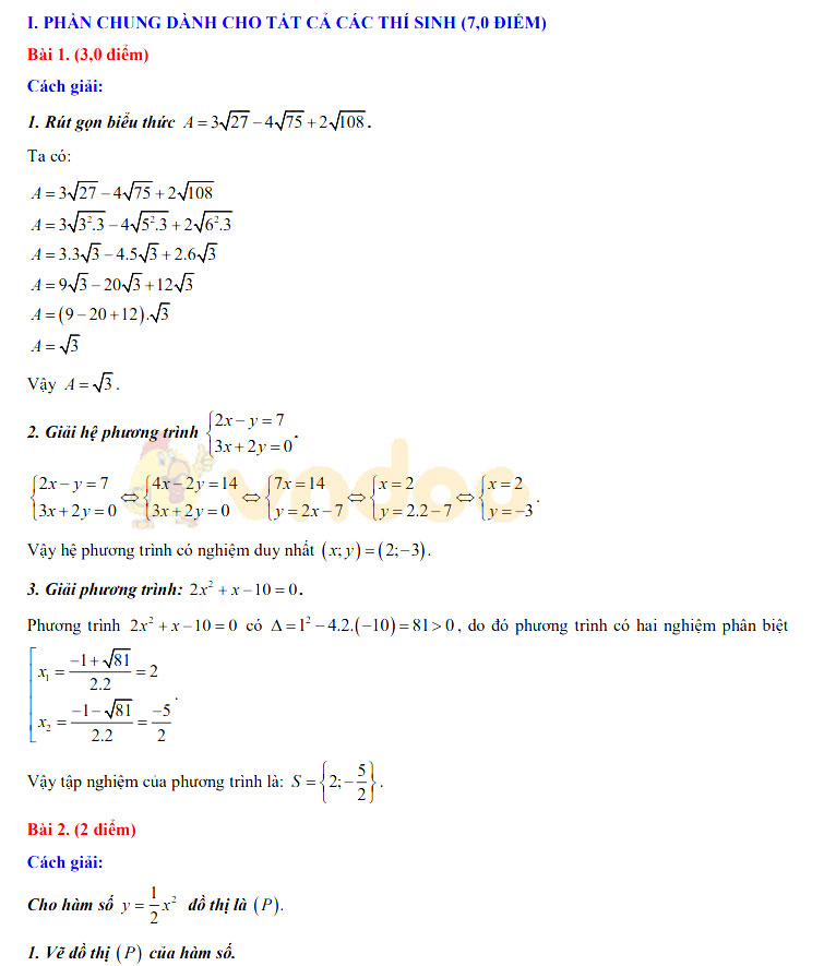 Đáp án đề thi tuyển sinh lớp 10 môn Toán tỉnh Trà Vinh năm 2020